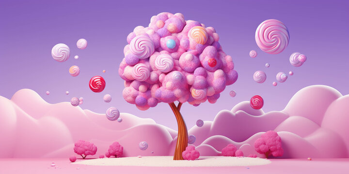A whimsical tree made out of candy. Candy tree concept. 3d model. Pink and Purple sweets background. Cartoon looking illustration for children's book.