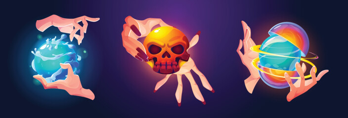 Hand holding magic crystal ball fortune teller. Skull, water sphere and open globe icon for gypsy predict future. Retro circle fortuneteller in woman hands for paranormal witchcraft prophet.