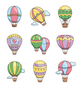 Hot air balloon. Transport for travel. Hand drawn style. Vector drawing. Collection of design elements.