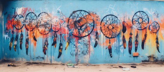 Feathered dreamcatcher adorns graffiti-covered wall.