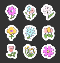 Decorative cute flowers. Sticker Bookmark. Simple forms. Vector drawing. Collection of design elements.