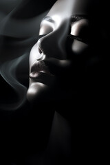 weibliches Beauty Model in sinnlicher Pose mit Rauch und Nebel. Low Key Portrait bei dramatischem Licht. Hochkant. Generative Ai.