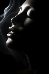 weibliches Beauty Model in sinnlicher Pose mit Rauch und Nebel. Low Key Portrait bei dramatischem Licht. Hochkant. Generative Ai.