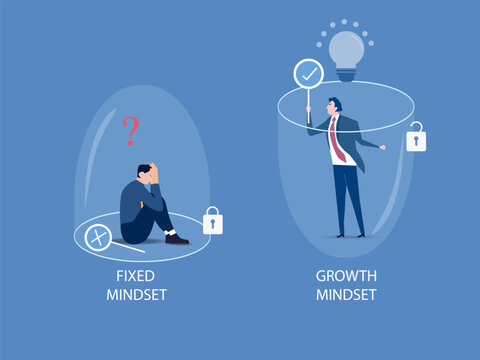 Two businessman different thinking between Fixed Mindset vs Growth Mindset success concept.  vector illustration.