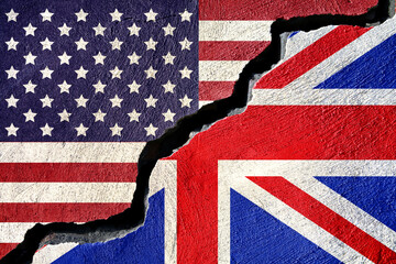 Concept United States and Britain flag on cracked background 