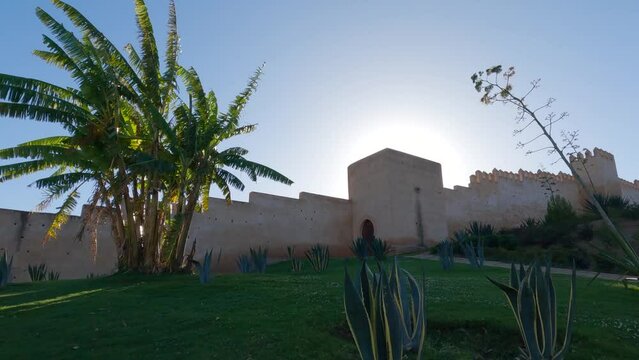 Exterior wall of Chellah necropolis, sideways pan. Rabat, Morocco