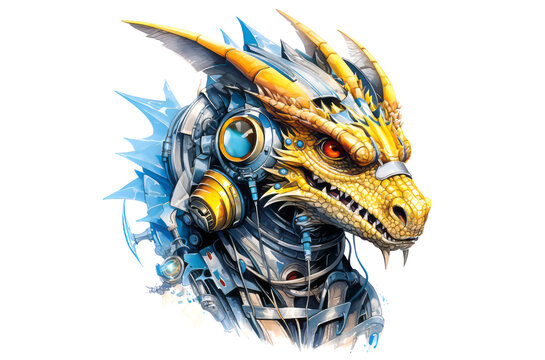 Illustration of a dragon head in a futuristic pilot helmet. Fantastic character dragon warrior on a white background.