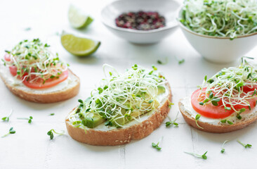 Healthy Eating. Sandwiches with tomatoes, avocado and microgreens.
