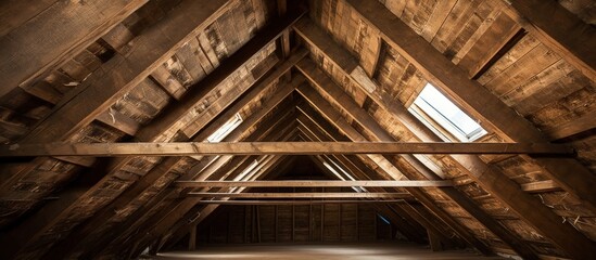 Brown truss with cracked wood seen in attic; walls lined with OSB boards. - obrazy, fototapety, plakaty