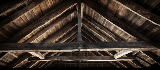 Close-up view of old barn roof from below with wooden rafters.