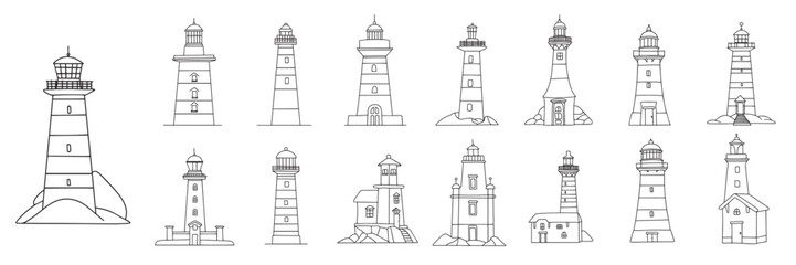 Set of doodle lighthouse. Hand drawn collection of lighthouses. Vector illustration.