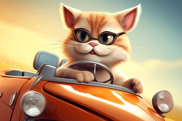 cat in car, funny animal driving sports car, cute kitty, Generative AI