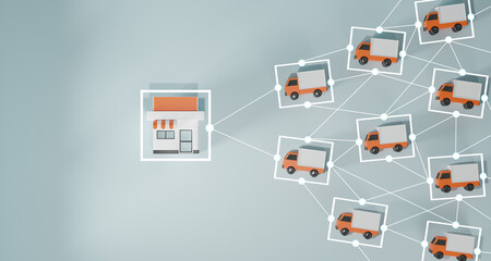Concept of logistics, delivery or global cargo. truck and store linked with each other with lines...