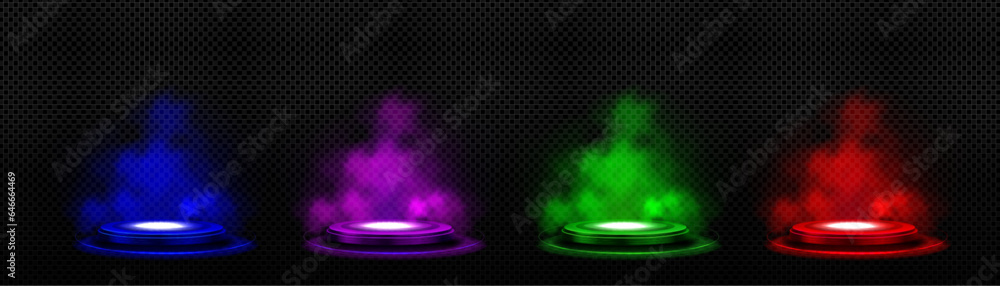 Wall mural glowing neon game portal - realistic vector illustration of futuristic teleport podium with smoke fo