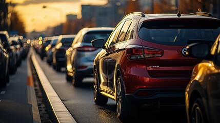 A lot of cars are stuck on the road in a traffic jam in the city