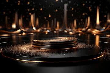 Obraz premium podium blank, borwn background, glitter, in the style of circular abstraction, render in cinema 4d, tonalist, uhd image, soft black and white, lively tableaus, rim light