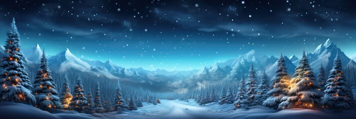 Christmas card, winter snow landscape, snowflakes falling from sky, wide panorama