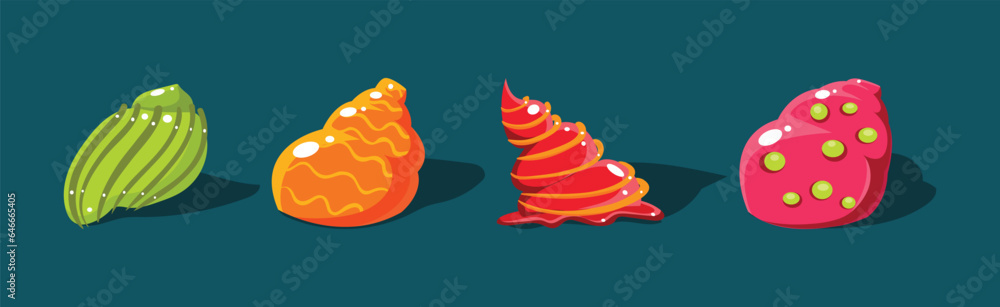 Poster sea shells with spiral shape of different color vector set
