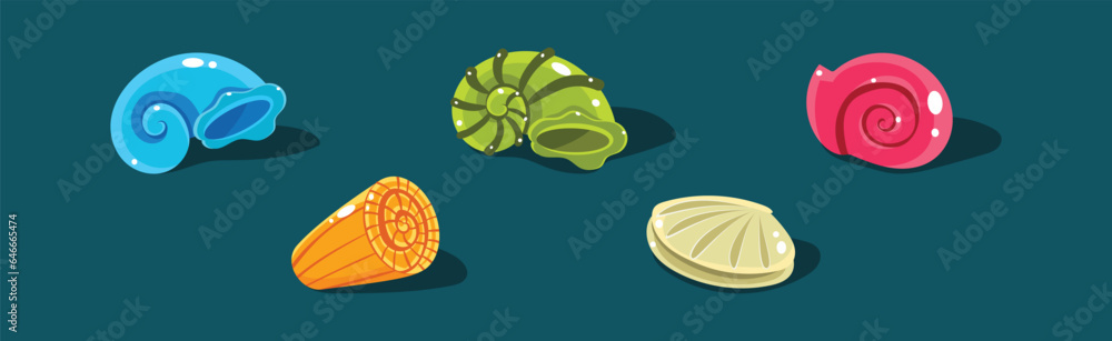 Poster sea shells with spiral shape of different color vector set