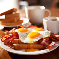 Fototapeta premium delicious breakfast plate With fried eggs, bacon and toast, coffee and orange juice on the dining table in a beautiful atmosphere, AI Generative . 
