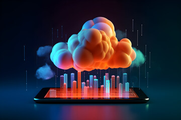 Glowing neon cloud computing in 3d on smartphone. Cloud network connecting and online data storage. Data Internet service in futuristic technology and innovation. Generative AI.