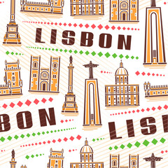Vector Lisbon Seamless Pattern, repeat background with illustration of famous yellow lisbon city scape on white background for wrapping paper, decorative line art urban poster with brown text lisbon