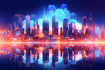 Futuristic night city with glowing neon color. Abstract background of cyberpunk city future technology. Generative AI.