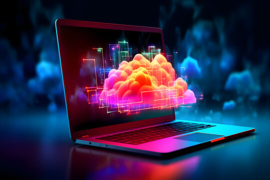 Glowing neon cloud computing in 3d on laptop screen. Cloud network connecting and online data storage. Data Internet service in futuristic technology and innovation. Generative AI.