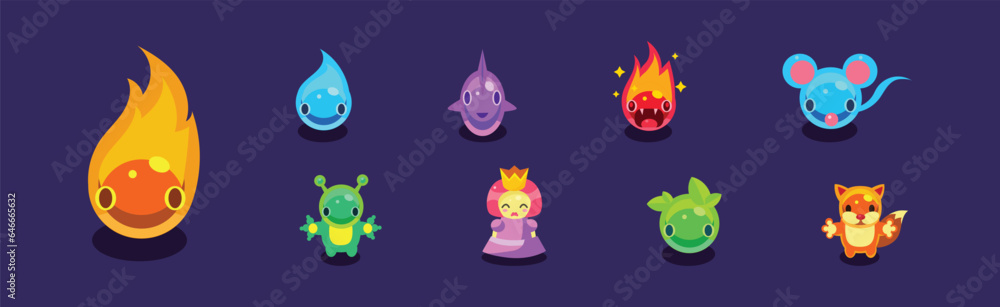 Aufkleber flat assets for mobile game with funny creatures vector set