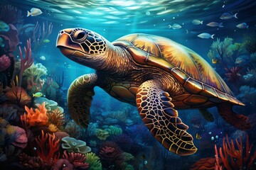 Fototapeta premium Illustration of a vibrant underwater scene with a majestic turtle gracefully swimming in the ocean created with Generative AI technology