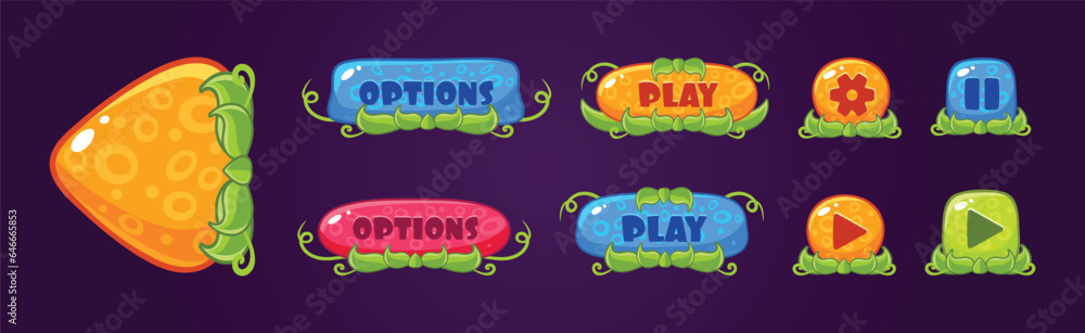Poster Glossy Button with Green Grass for Game User Interface Vector Set