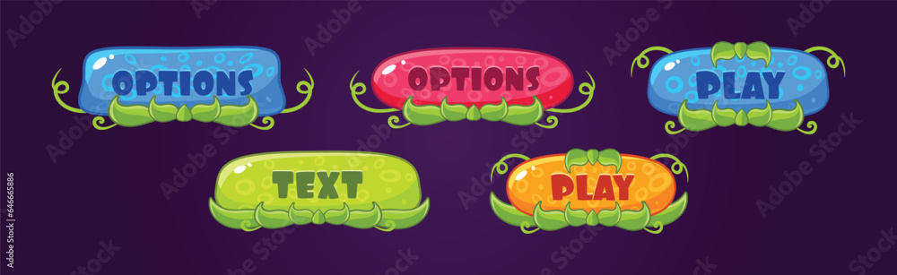 Poster glossy button with green grass for game user interface vector set