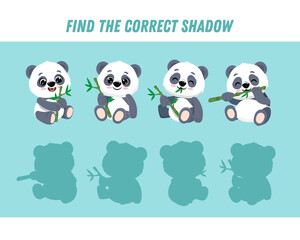 Find correct shadow of cute panda. Educational logical game for kids. Cartoon panda. 