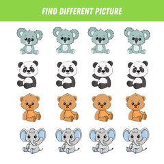 Find different animals in each row. Logical game for kids. Cartoon koala, panda, teddy bear, elephant. 