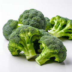 Close up fresh whole broccoli and cut broccoli on white background. Side view broccoli, whole, and cut to small pieces. Made with generative ai
