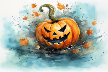 Watercolor illustration of Jack O lantern pumpkin. Halloween celebration concept