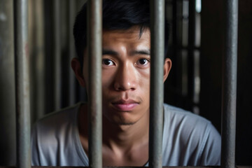 Fototapeta na wymiar An Asian prisoner in a cell behind bars. Young man in prison. Despair, sadness and loneliness of the person who committed the crime.