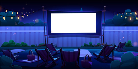 Open air backyard outdoor cinema screen at night cartoon illustration. Watching movie in summer back yard garden 2d environment with projector, chair and garland bulb light in evening with nobody.