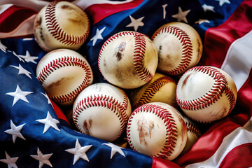 Photo of a patriotic display of baseballs on an American flag