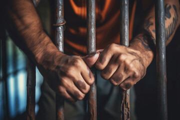 The male prisoner grabbed the prison bars with his hands. The pain and suffering of the prisoner. The inevitability of a judicial verdict. Hopelessness. The punishment of the criminal.
