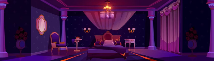 Fotobehang Night princess castle bedroom interior background. Mirror, curtain, bed, chair and nightstand furniture in beautiful sleeping room cartoon illustration. Antique luxury royal queen apartment decoration © klyaksun