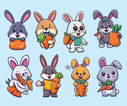 Cute rabbit with carrot bag cartoon vector icon illustration