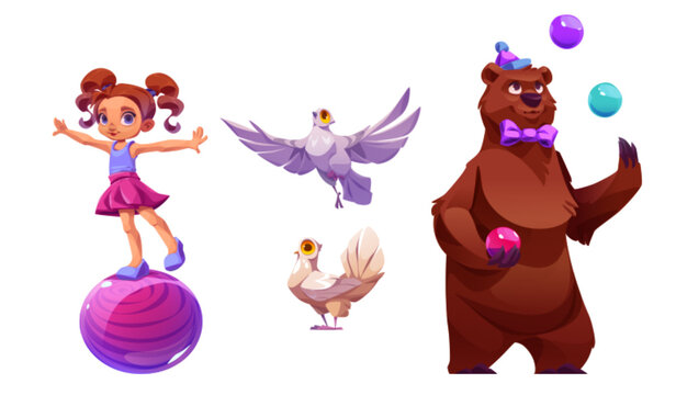 Carnival bear juggler circus character illustration with girl acrobat performer. Animal artist in costume with child actor cirque festival entertainment. Retro amusement performance program and dove