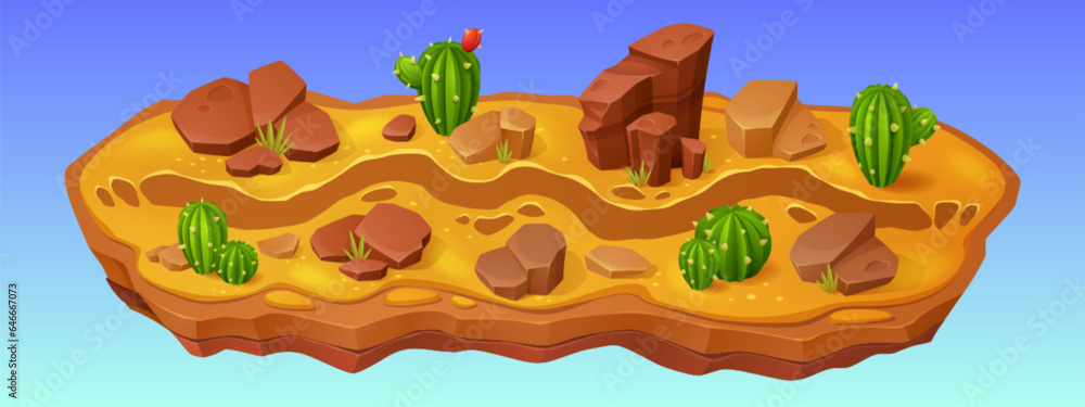 Poster desert mobile ui game level map with road cartoon background. sand ground race template asset. fanta