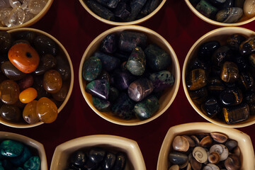 Different semi-precious stones for jewelry top view. background for jewelry, natural minerals