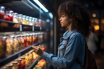 Fototapeta premium A woman in a grocery store, generative AI