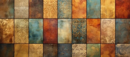 Multicolour rustic decoration for home interior, with rustic ceramic wall tile design and mixed wall art decor.