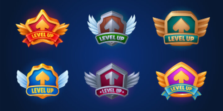 Level up award ui game badge icon vector medal set. Gold trophy reward design for casino achievement with ribbon and arrow. Arcade app gui interface label with shield popup cartoon illustration