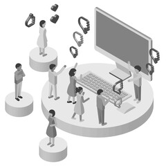 インターネットの情報に様々な反応をする人々のアイソメトリックイラスト