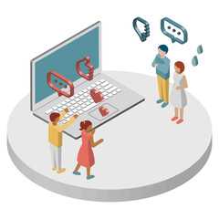 インターネット上で議論する人々のアイソメトリックイラスト